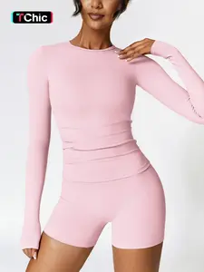 Women's Solid Round Neck Sports Tee & High Waist Shorts Tracksuit Set, Long Sleeve Tight-fitting Top & Skinny Shorts, Summer Outfits 2024, Ladies Sportswear for Indoor Outdoor Wear