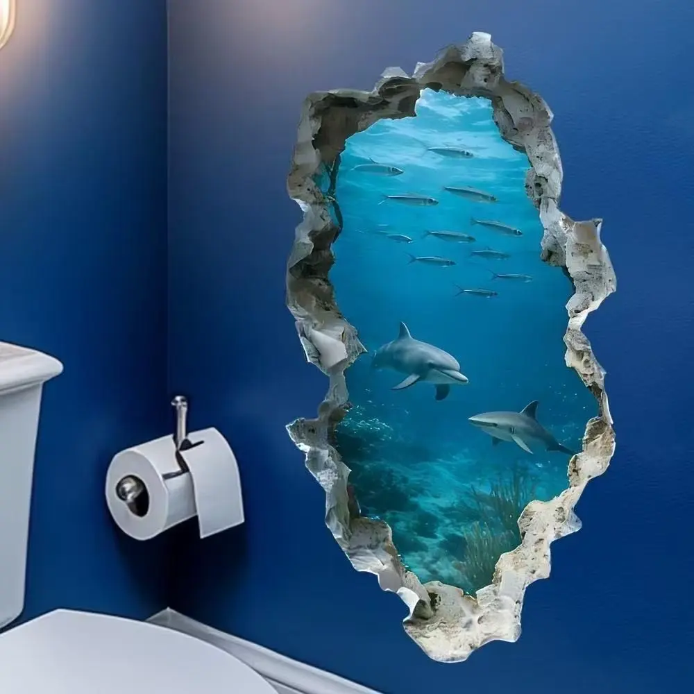 3D Dolphin Shark Ocean Wall Stickers, Wall Murals Peel And Stick, Waterproof Self-Adhesive Bathroom Decals, Realistic Underwater World Wallpaper, Easy to Apply, Wall Stickers Decorations
