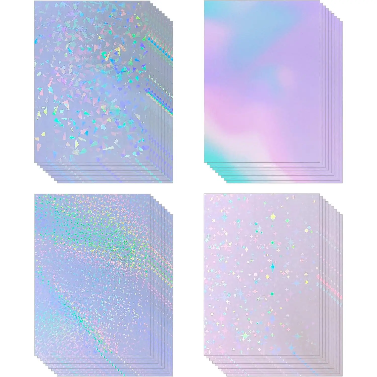 36 Sheets Holographic Sticker Paper Clear Self-Adhesive Laminte Vinyl Sheet | 8.5" x11'' Transparent Cold Laminate Sheets  Holographic Paper for Documents, Photos, Festivals with 4 Styles