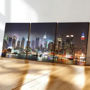 3-Pack Wood Frame Canvas Posters, New York Manhattan Night Scene, Modern Art Decor, Waterproof, Odorless, for Living Room, Bedroom, Office