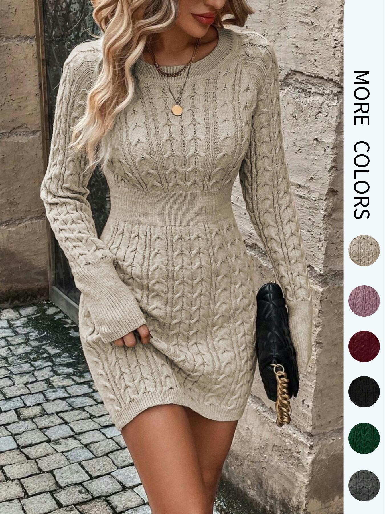Women's Plain Round Neck Cable-Knit Bodycon Sweater Dress, Elegant Fashion Casual Long Sleeve Jumper Dress for Everyday Wear, Women's Knitwear for Fall & Winter