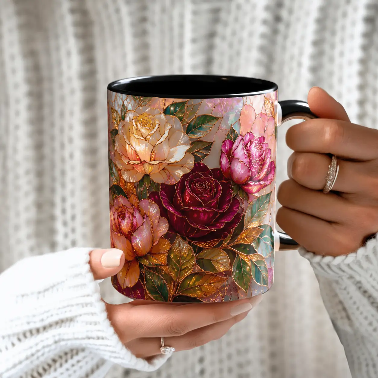 Vintage Rose Stained Glass Two Tone Black Interior Mug,Multicolor Gold Outline Floral Ceramic Coffee 11oz, 15oCup,Luxury Burgundy Pink Cream Rose Mosaic Art Drinkware,Elegant Botanical Flower Graphic Tea Cup,11oz Contrast Black Handle Interior Floral Mug