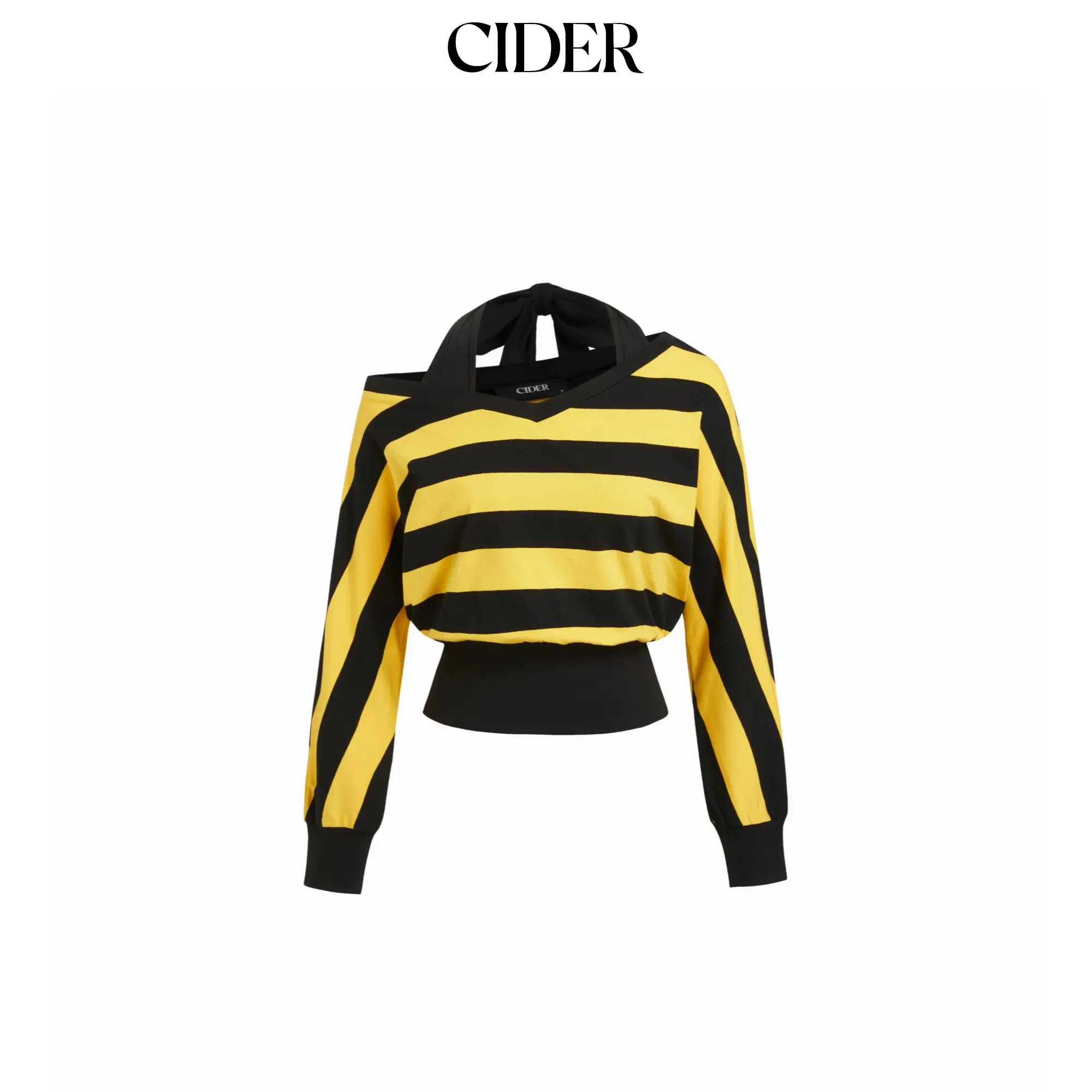 Cider Cotton-blend Asymmetrical Neck Long Sleeve Striped Two Tone Top SohoChic