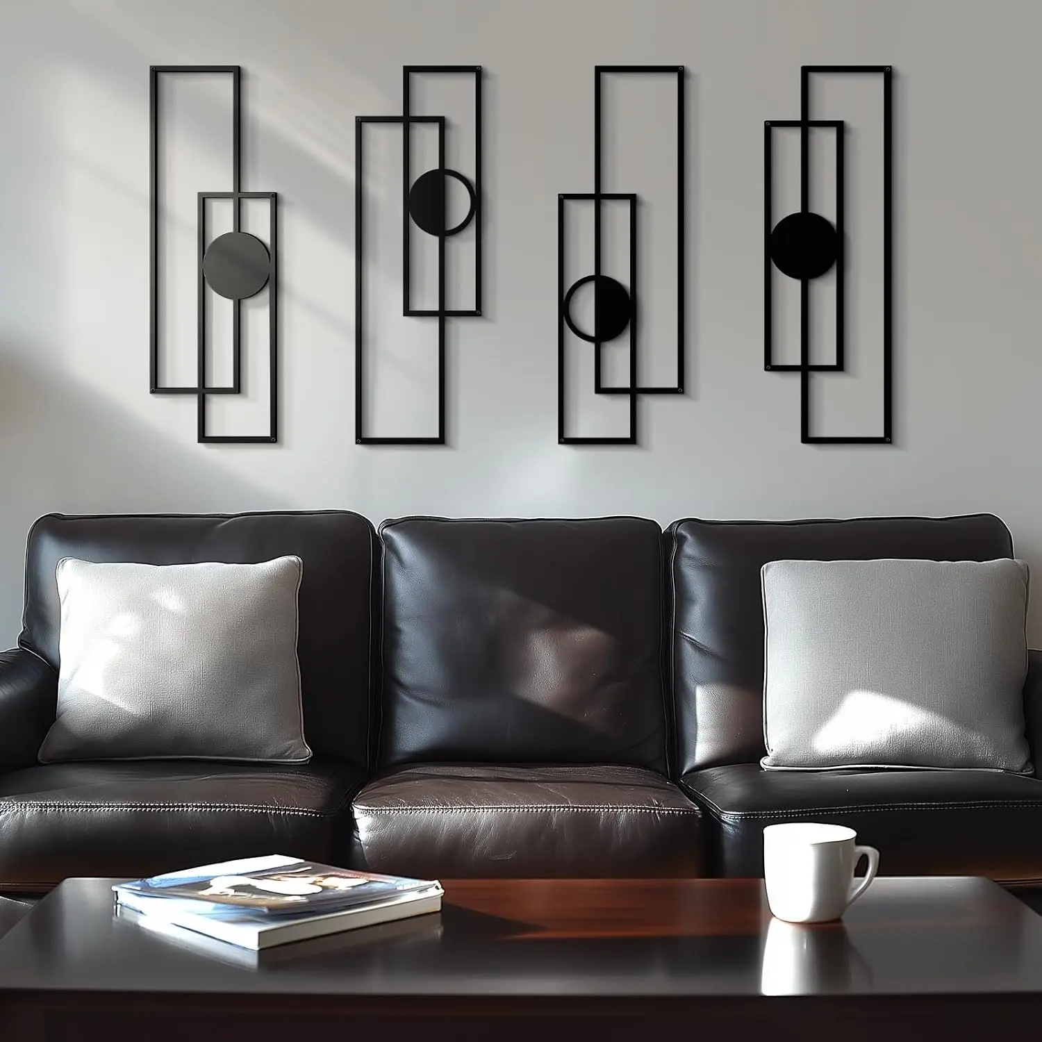 Abstract Black Metal Wall Art Set of 4, Large Modern Geometric Wall Decor with 3D Layered Design for Living Room, Bedroom, Bathroom, Hallway, Minimalist Wall Sculptures