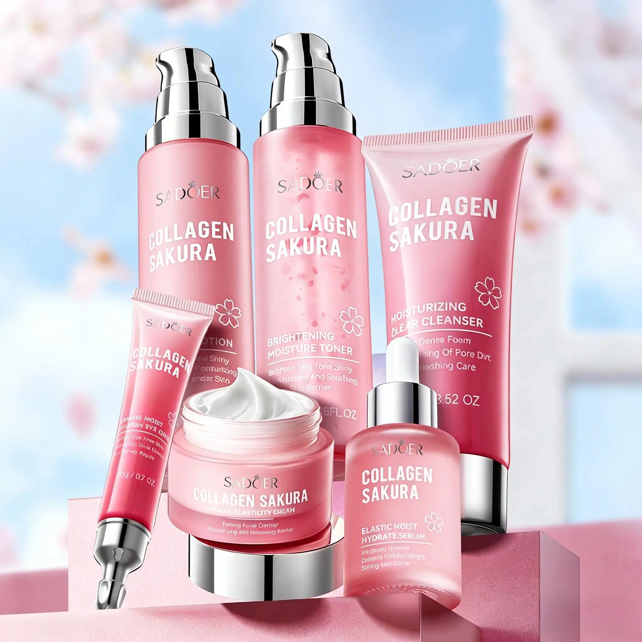 Sadoer Korean Skincare Set, Cherry Blossom Collagen Face Care 6pcs, Collagen Sakura Moisturizing, Hydrating, Moisturizing, Nourishing and Radiant, Suitable for All Skin Types, Hydrate, Glowing Skin Kit