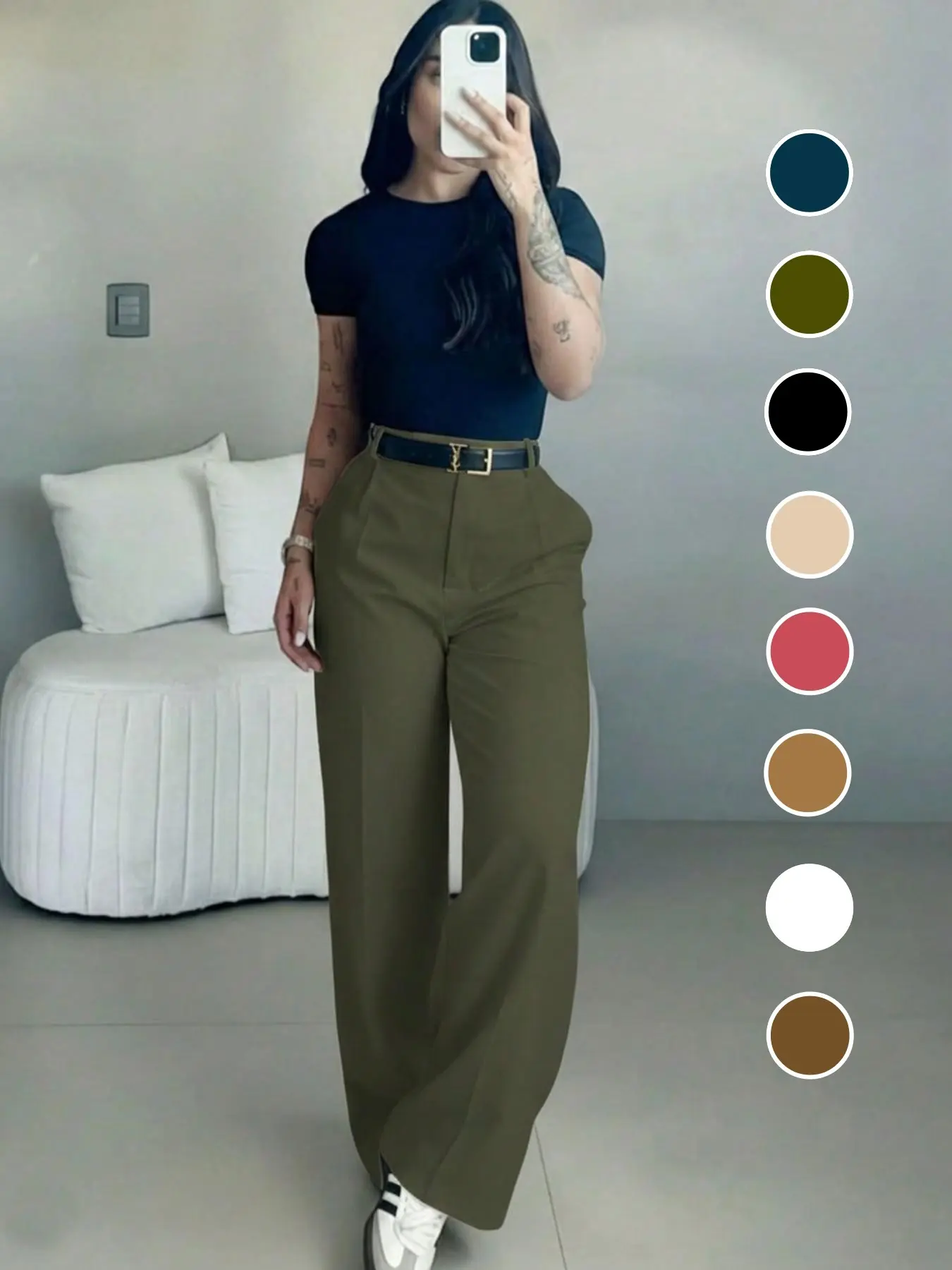 Women's High Waist Slim Straight Leg Pants, Conceal Hip, Casual Office Wear, Long Trouser, Casual Comfy Trousers, No Belt Included, Versatile and Comfortable