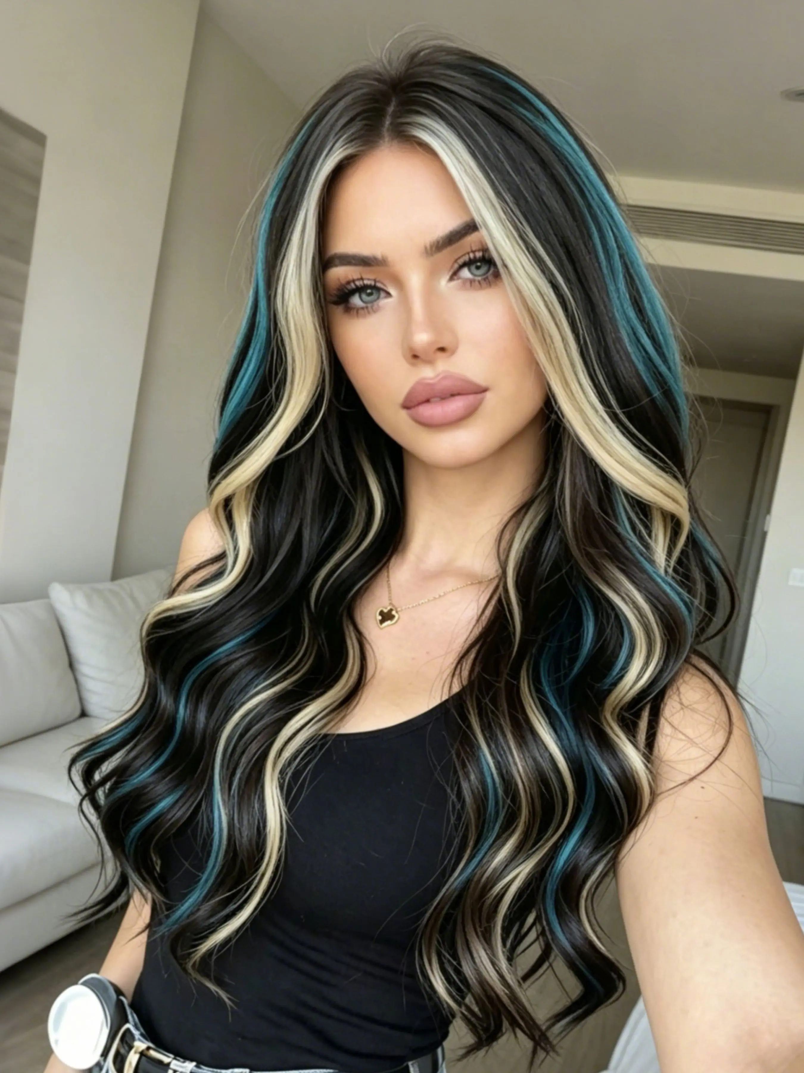 Black Blue Blonde  Highlight  Body Wave Wig 13x4 HD Transparent Lace Frontal Wigs  3-Tone Highlight  Pre Plucked Free Part Synthetic Wavy Wig for Women Daily Wear 28 Inch Long Wig