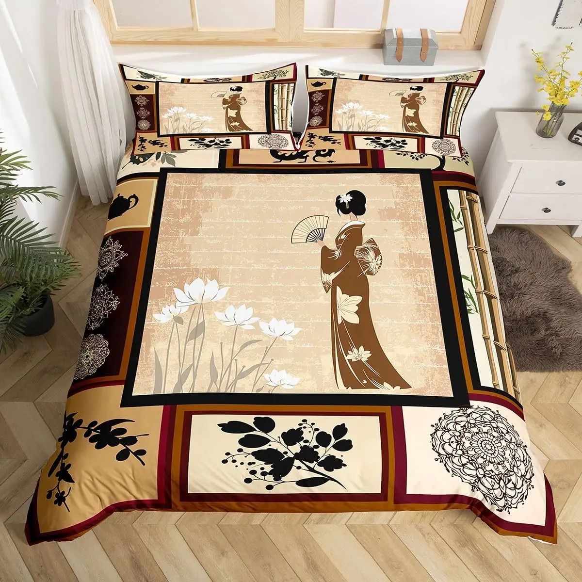 Erosebridal Chinese Girl Bedding Set Lotus Duvet Cover Queen Size Asian Culture Comforter Cover Japanese Traditional Ethnic Exotic Bedspread Cover for Kids Adult Dorm Room Decorative