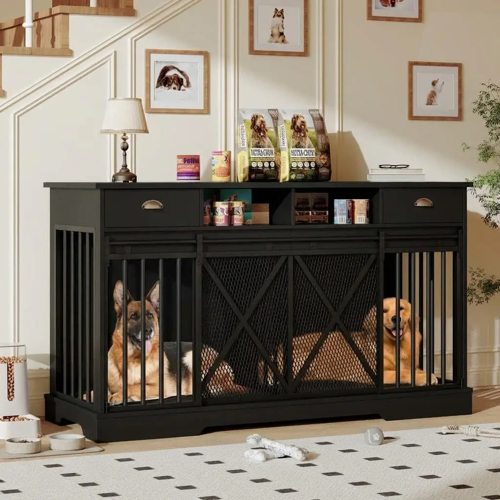 63 Inch Double Stack Double Dog Crate Furniture Indoor Wooden Metal Kennel for Two Dogs Black