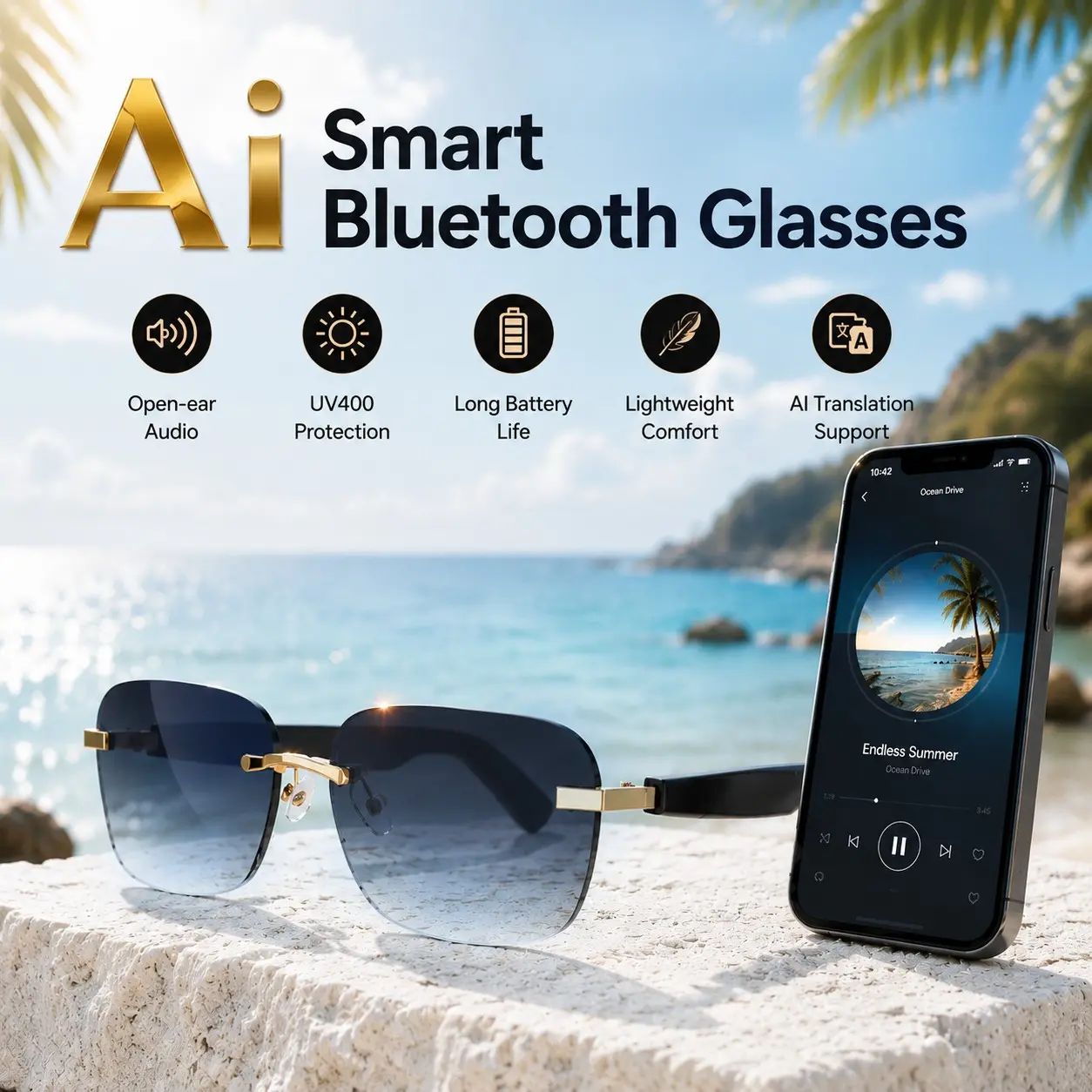 AI Bluetooth Smart Glasses, Wireless Translation Glasses, Multi-Language Translator Sunglasses, UV Protection Frameless Audio Glasses, Auto In-Ear Detection, Sweatproof Wireless Music Glasses for Travel Navigation Business Meetings