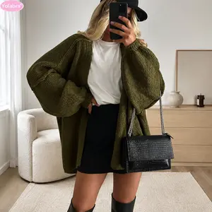 Yolabra Oversized Bubble Puff Sleeve Open Front Chunky Knit Cardigan Loose Fall Casual Sweater Coat For WomenWomen Solid Color Oversized Open Knit Cardigan Soft Warm Everyday Casual Long Sleeve Sweater Outerwear