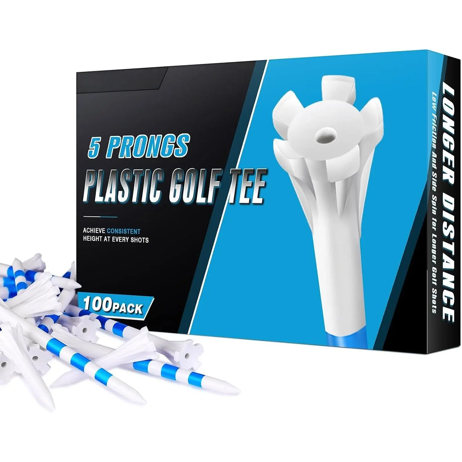 5-Prong Plastic Golf Tees 120 or 100 Pack - 50% Ball Contact Surface Optimization with  Distance Performance Golf Tees Plastic