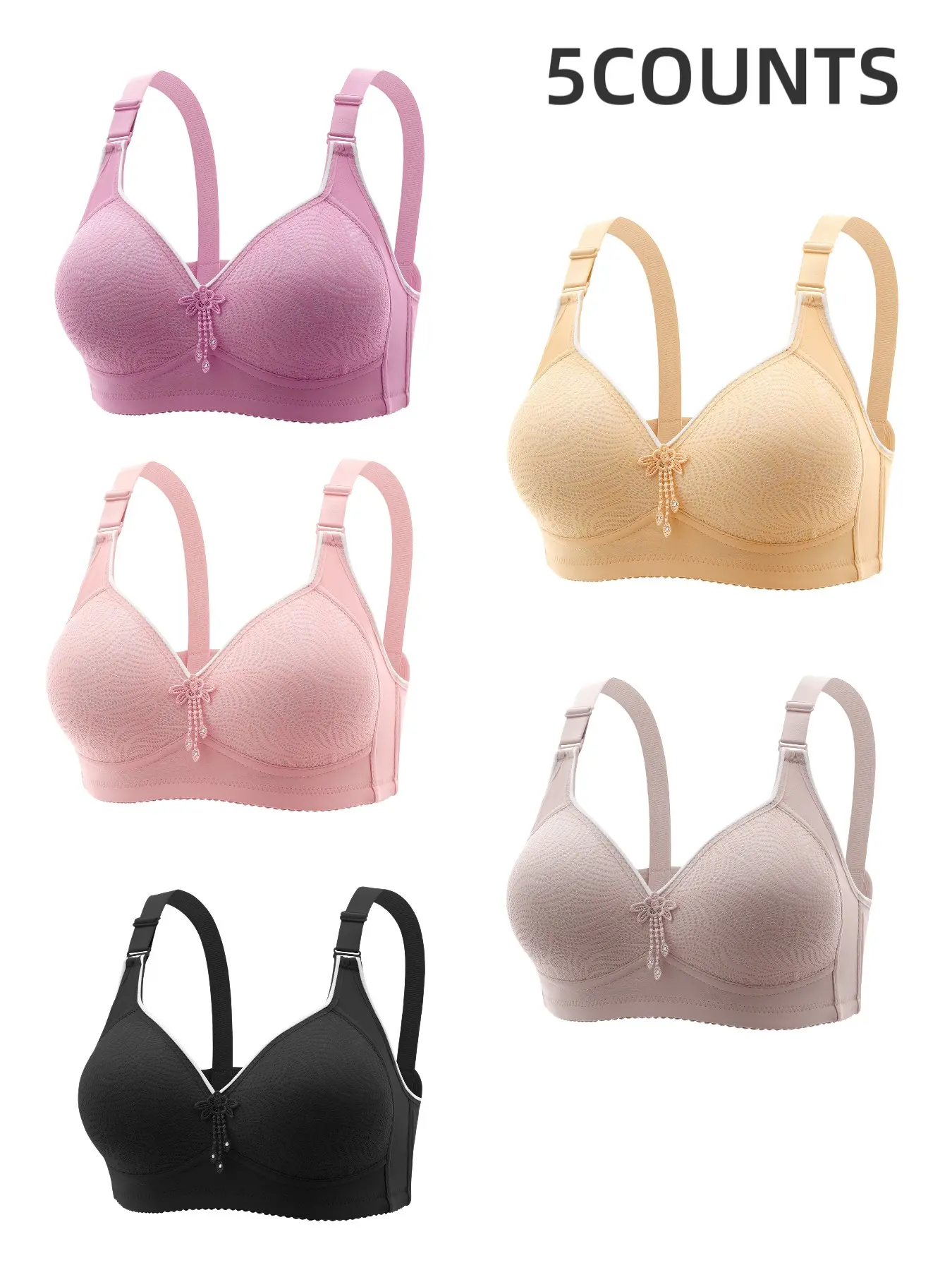 5-Pack Women's Lace Seamless Push-Up Bras, Full Coverage, Breathable Soft Fabric, All-Season Comfort, Elegant Fitted Design