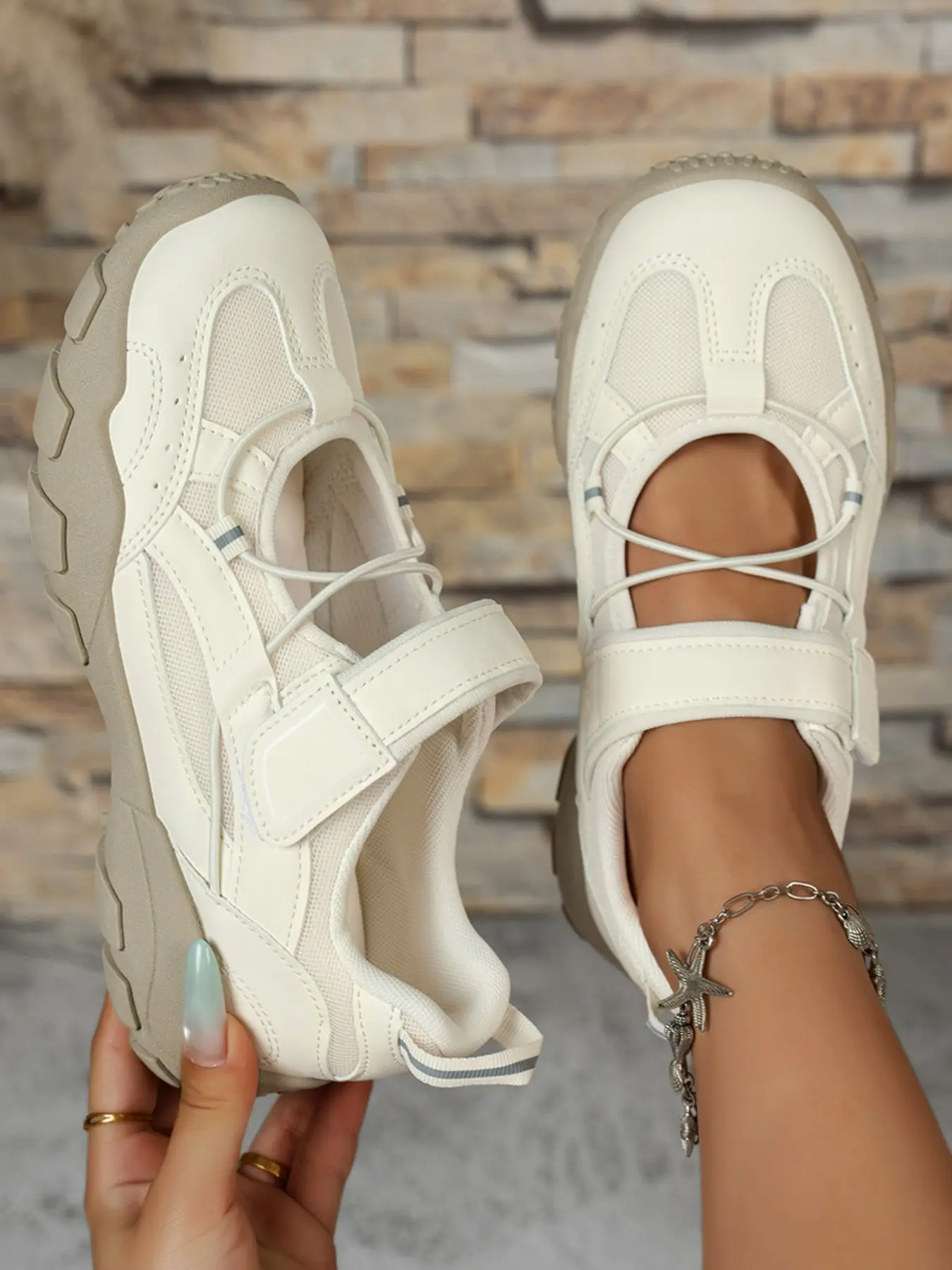 Women's Patchwork Mesh Mary Jane Dad Shoes, Velcro Strap Design, Breathable Upper, Thick Anti-Slip Sole, Casual Outdoor Walking Shoes