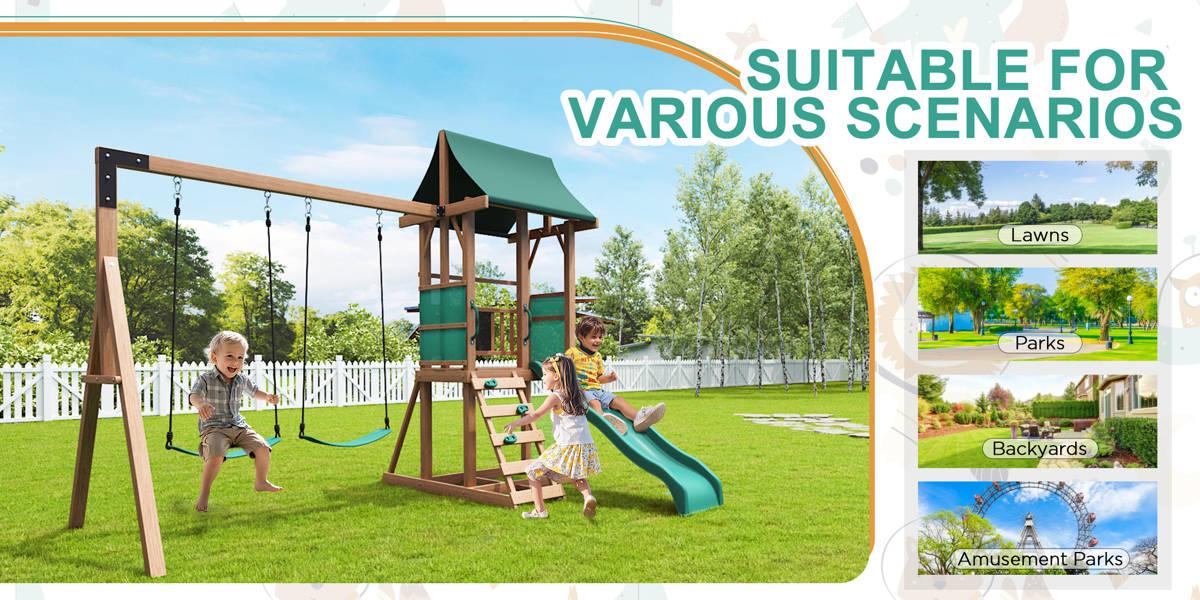Swing Sets For Backyard, 4-in-1 Outdoor Swing Set With Slide, Climbing Rock Wall, And Soft Cushion Swings For Backyard Playground