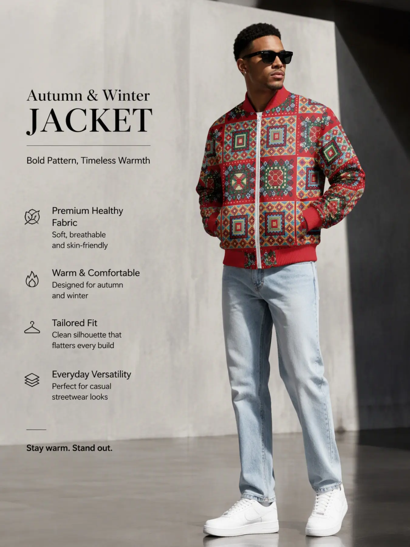 Men's Ethnic Tribal Geometric Full Zip Bomber Jacket, Vintage Southwest Aztec Mosaic Print Windproof Coat, Bohemian Streetwear Fall Winter Outerwear