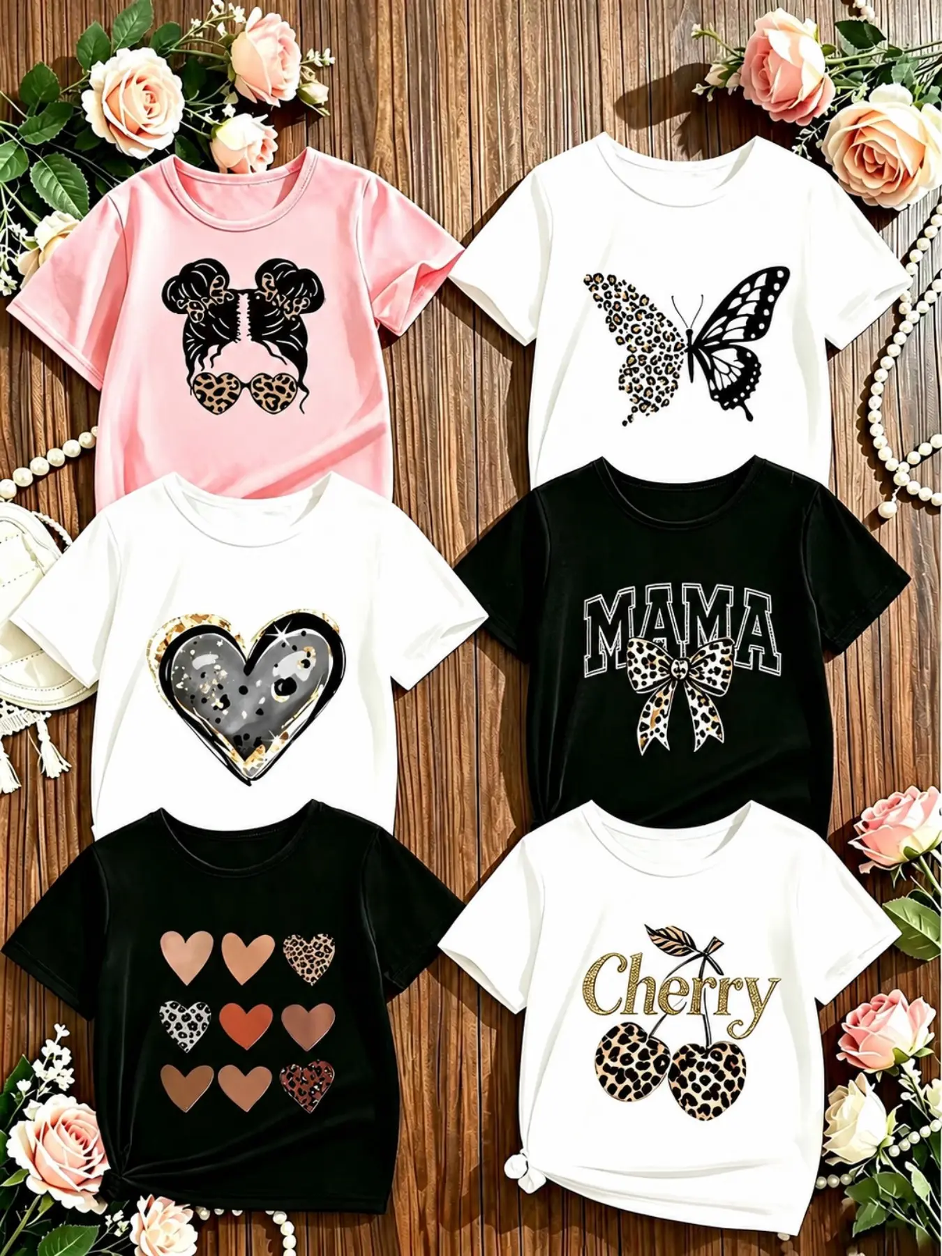 Girls' Summer T-Shirt, Cartoon Print, Short Sleeve, Fitted, Breathable Cotton Fabric, Round Neck, Casual Style, 6pcs Options