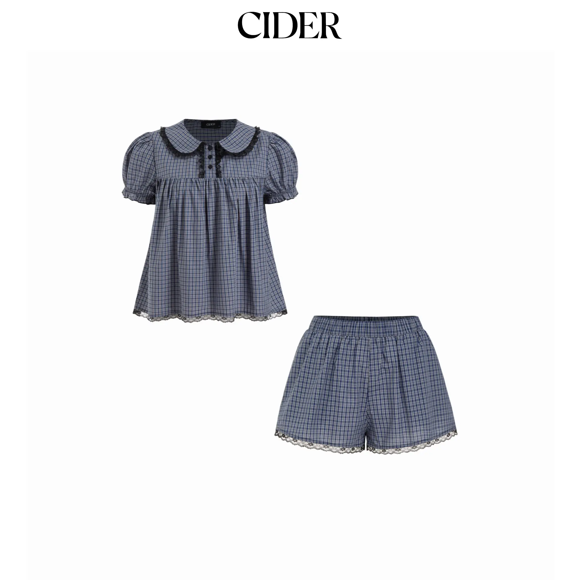 Cider Gingham Peter Pan Collar Oversized Top & Mid Rise Lace Trim Straight Leg Shorts Set Vintage Set Clothes