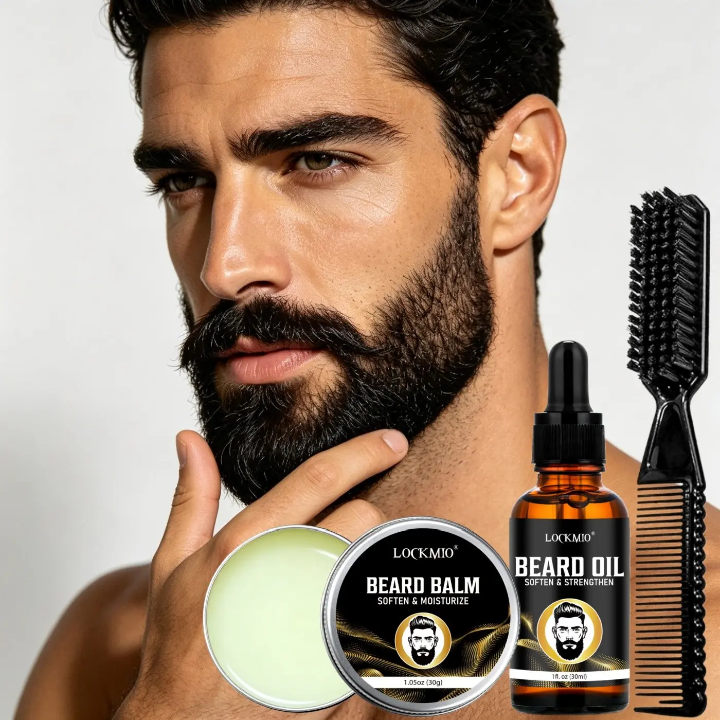3PCS Beard Oil & Beard Balm Set, Men Beard Care Kit, Moisturizing Hydrating Anti-Frizz, Soothe Skin After Shave, Nourish Beard Roots, With Double Sided Beard Comb Brush