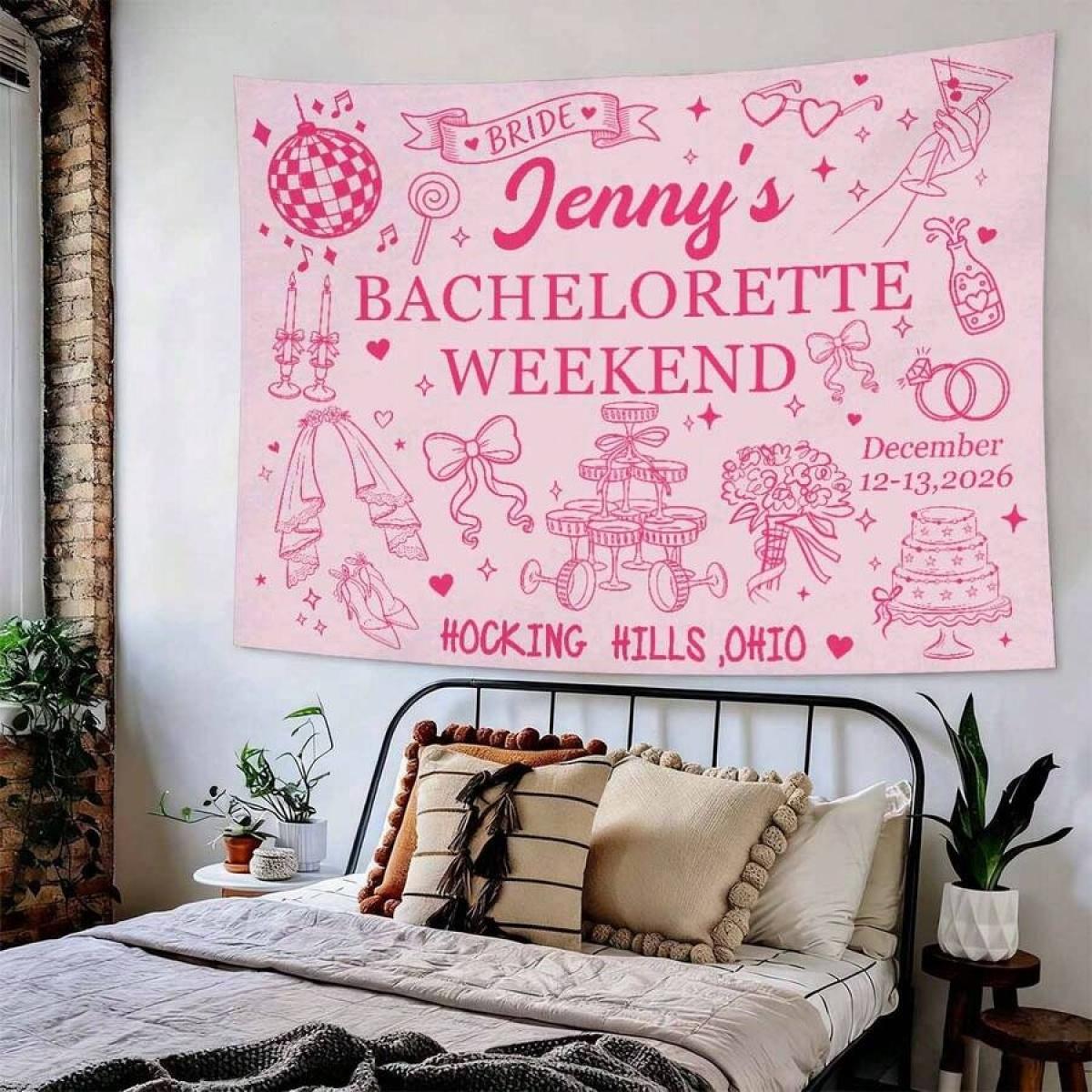 Custom Bachelorette Party Banner Tapestry, Personalized Party Wall Hangings Tapestries, Print Name/Location/Date On Background Cloth, Durable Peach Skin Fabric, Indoor/Outdoor Use, Unique Party Decor Gift For The Bride