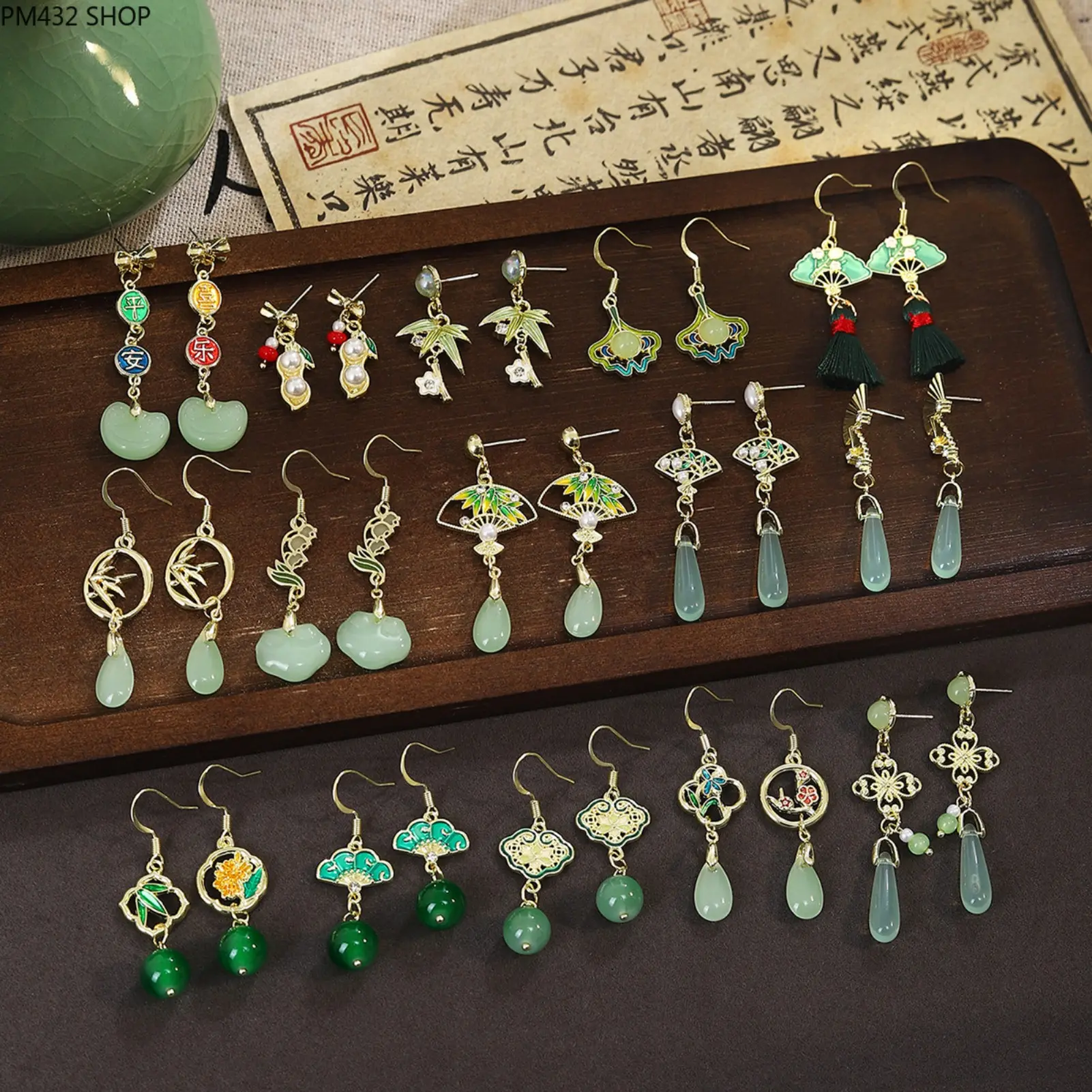 Vintage Chinese Style Jade-Look Dangle Earrings for Women, Elegant Fan Bamboo Flower Tassel Drop Earrings, Lightweight Fashion Jewelry Gift