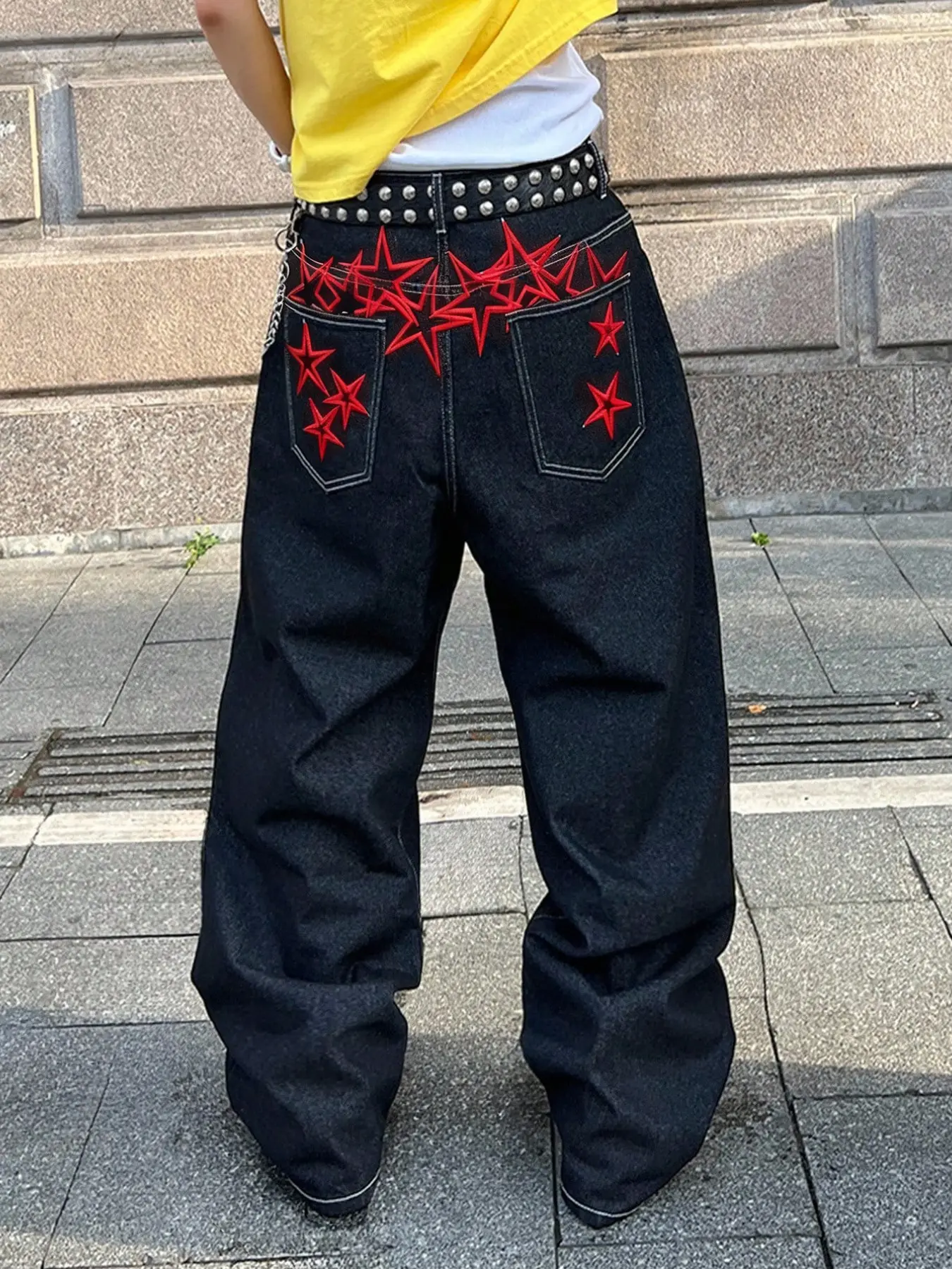 Men's Loose Embroidered Jeans, Embroidery Star Patchwork Wide Leg Pants, Y2K Streetwear Style, Distressed Denim, Unique Design, Multiple Sizes