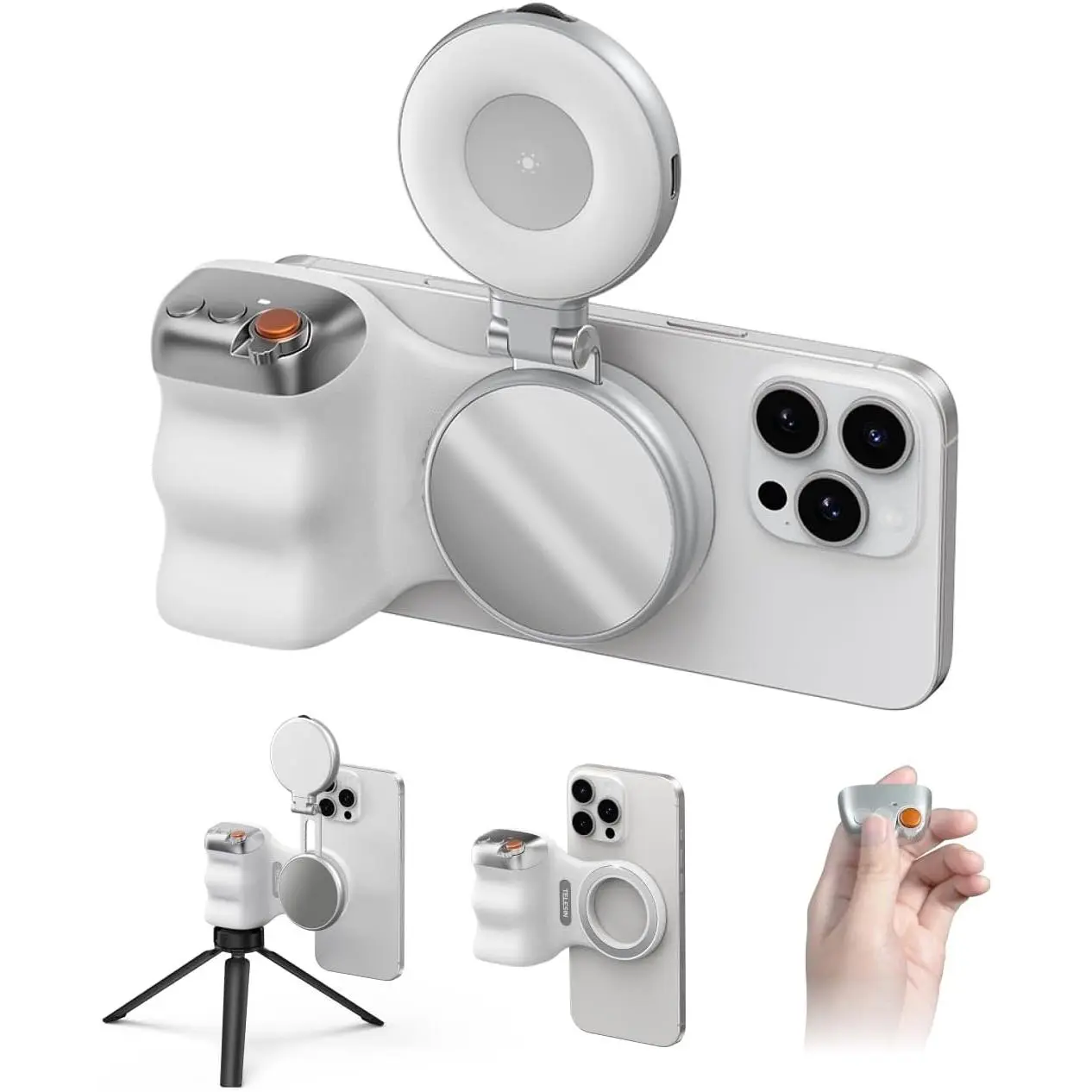 Metal Magnetic Smartphone Camera Grip with Wireless Shutter - Cordless Bluetooth Sync, Portable Detachable Handle, 1/4 Tripod Screw Connector, 3kg Load, 109g, 10m Range, Unisex Selfie Accessory for iPhone & Android, Videography