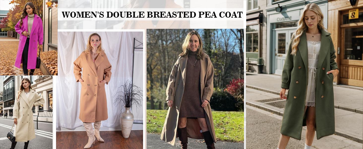 Women's Long Coat Notched Lapel Collar Double Breasted Pea Coat Winter Elegant Wool Blend Over Coats Jackets Women's Long Coat Notched Lapel Collar Double Breasted Pea Coat Winter Elegant Wool Blend Over Coats Jackets