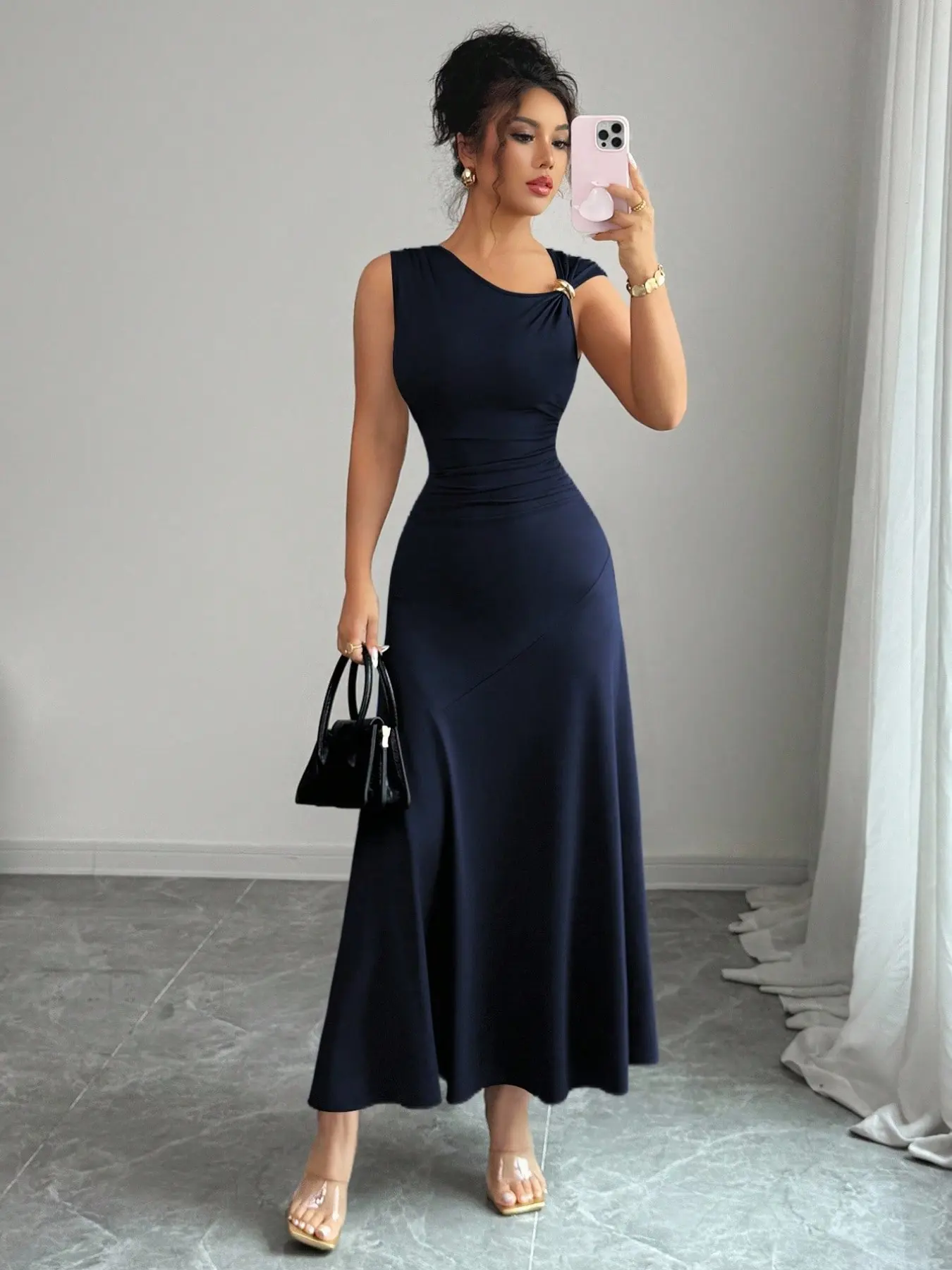 Women's Elegant Casual Solid Belted Lounge Dress, Asymmetrical Neckline, Metal Decorations, Pleated Waist Belt, Perfect for Vacation Wear, Style