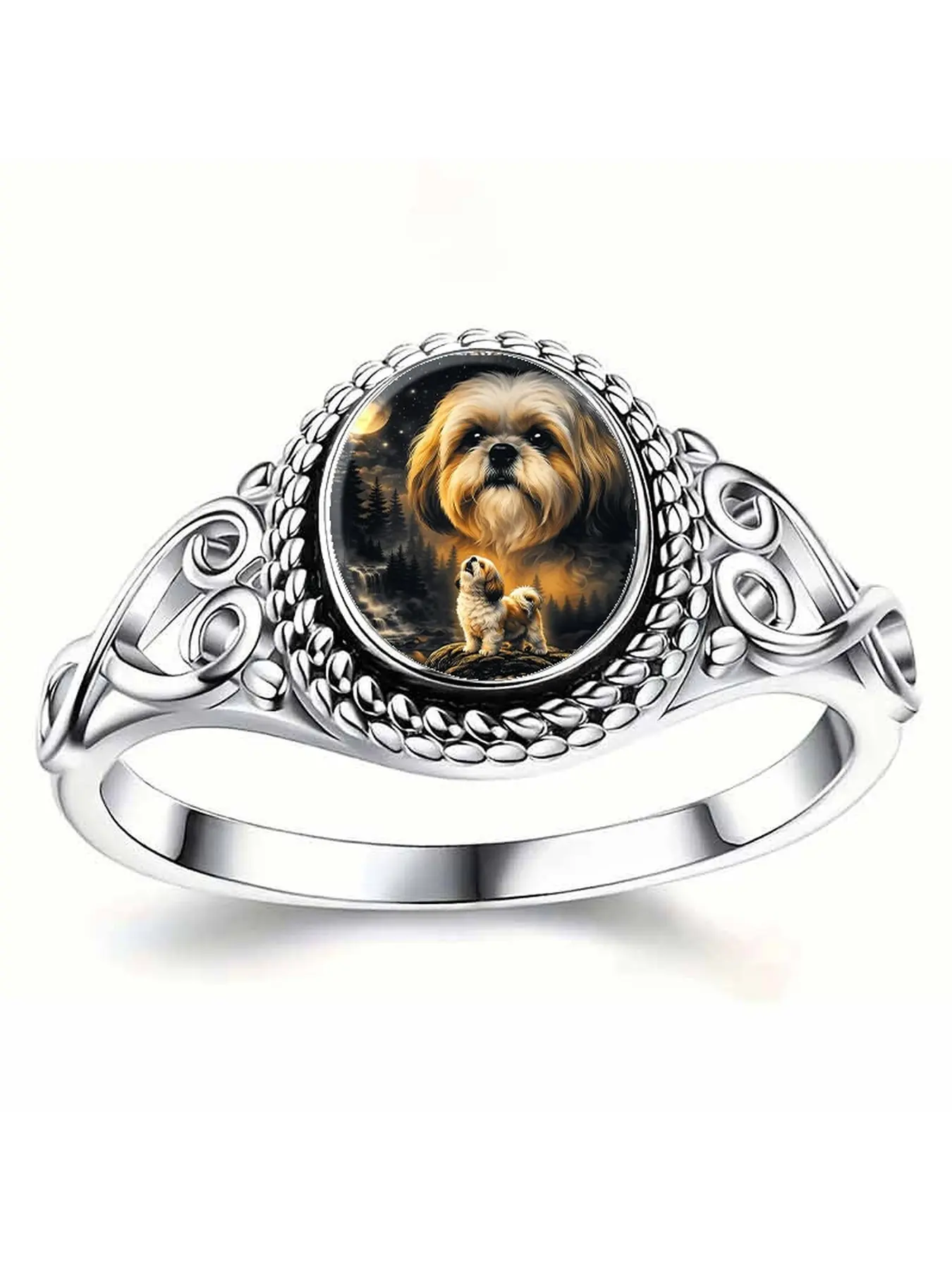 Retro hollow filigree time gemstone ring. Long-haired puppy night scene print ring. Carries the meaning of loyalty and companionship. A symbol of love for dogs, a commemorative piece for pet lovers.
