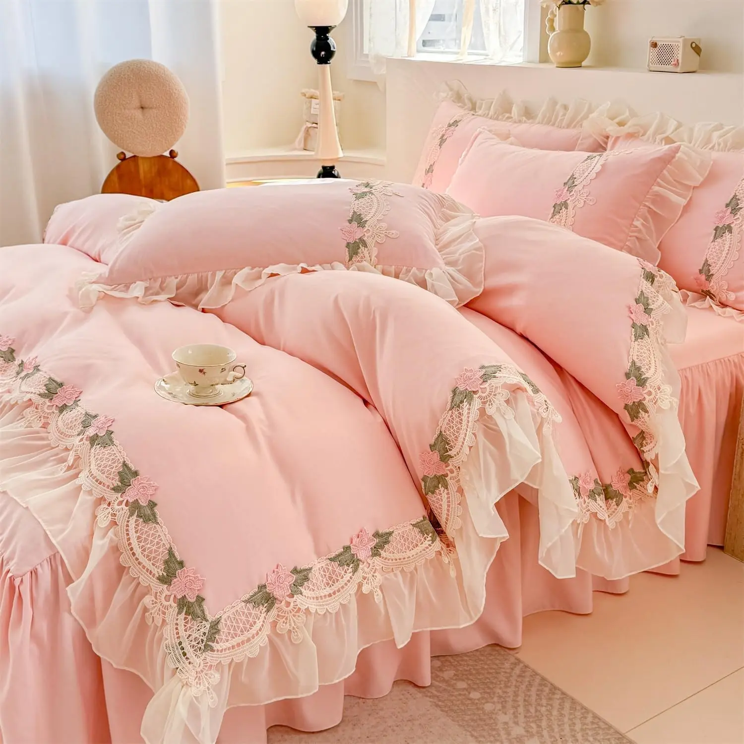 Girl's French Princess Style Twin Floral Lace Ruffled 2-Piece Bedding Set - 1 Duvet Cover, 1 Pillowcase, Ultra Soft Lightweight, Zippered Closure (No Comforter), Two Piece Set