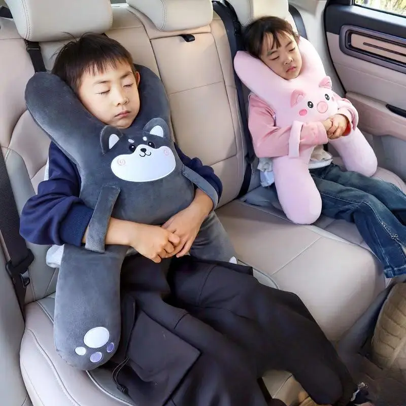 Practical Breathable Car Neck Pillow - Cute Animal Soft Plush Pig Head Adjustable Neck Support, Travel-Size Child Safety Sleep Aid, Anti-Rollover Seat Belt Match Accessory for Long Trips & Commutes