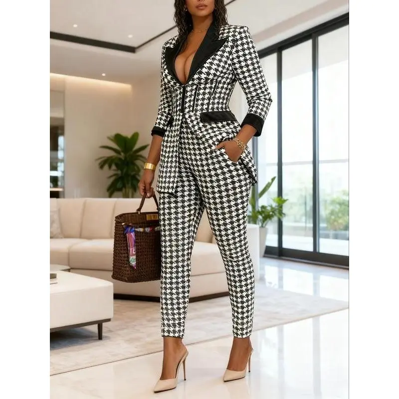 Two-Piece Set Women's Houndstooth Print Blazer & Skinny Pants Suits, Elegant Fashion Casual Comfy for Daily...