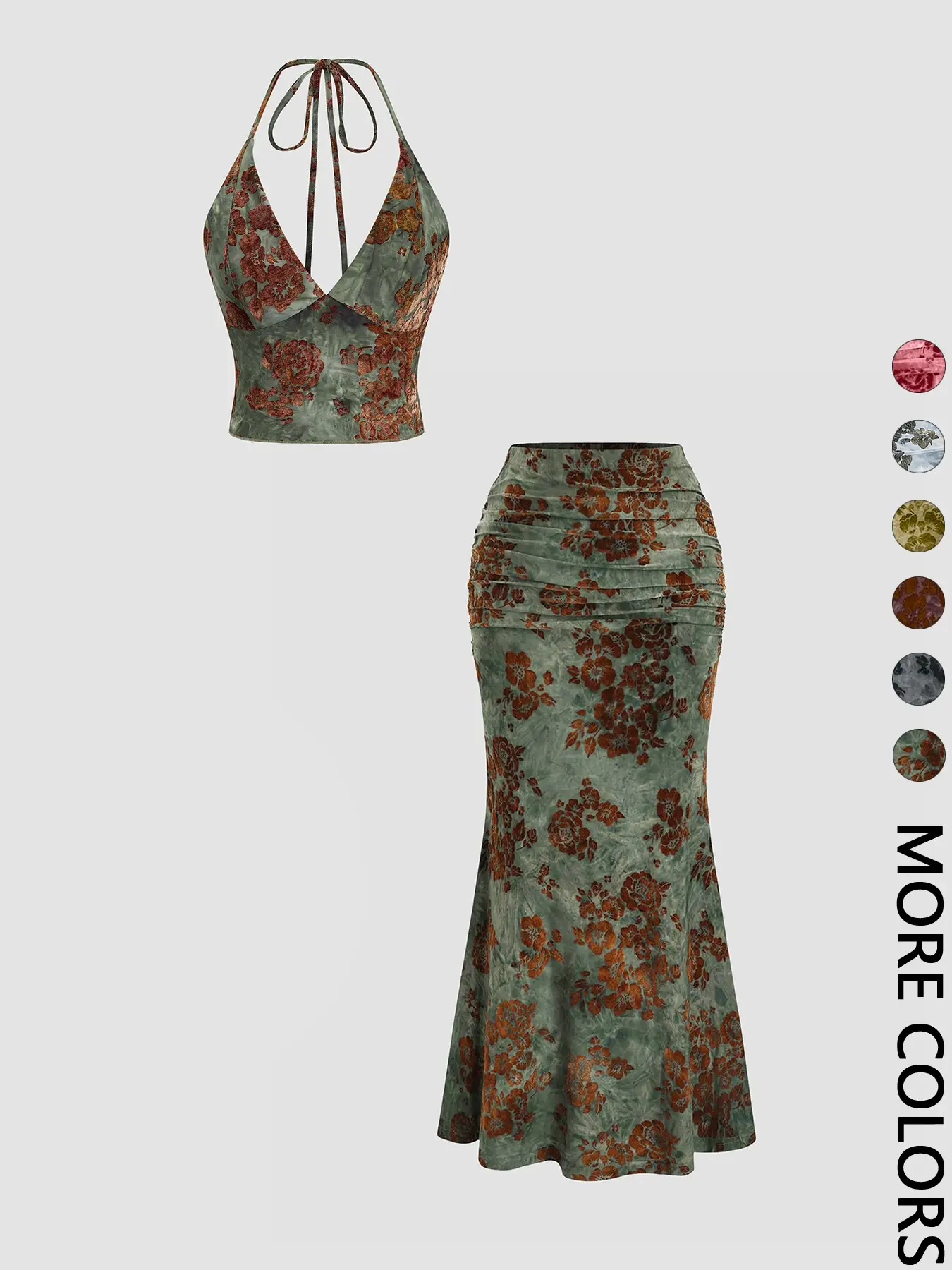 Women's Floral Bohemian Deep V Neck Crop Top & Fish Tail Skirt Set, Sexy Two-Piece, Back-To-School Fashion, All-Over Print Design