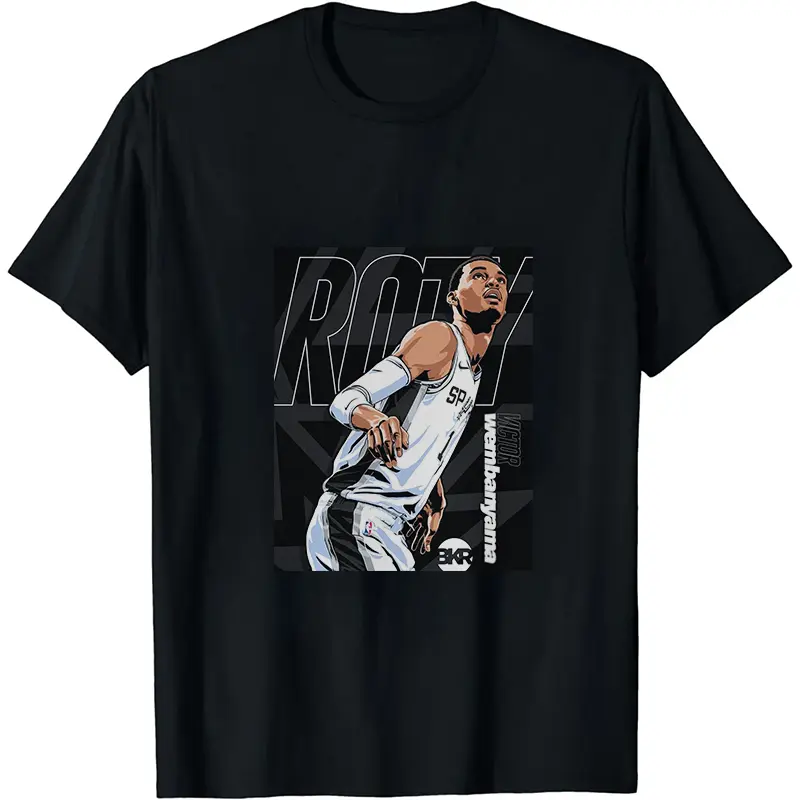 Menswear 100% Cotton Round Neck Shortsleeve Casual Streetwear ROY Wembanyama Spurs Fan Tee - Black Geometric Dynamic Print, Black & White Options, Game Day Commemorative Top for Travel & Game Night
