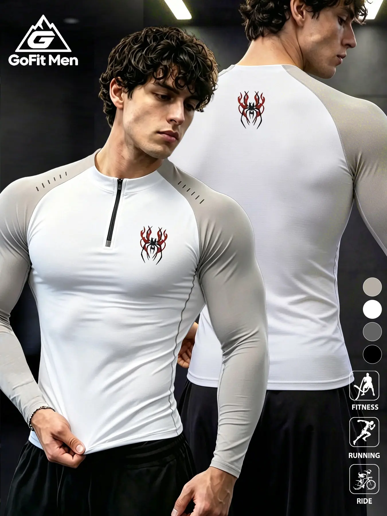 Men's Half-Zip Compression Fitness Long Sleeve Top, Quick-Dry Breathable High-Elastic Sport T-Shirt, Quick Dry Activewear, Spider Print, Multi-Color Options