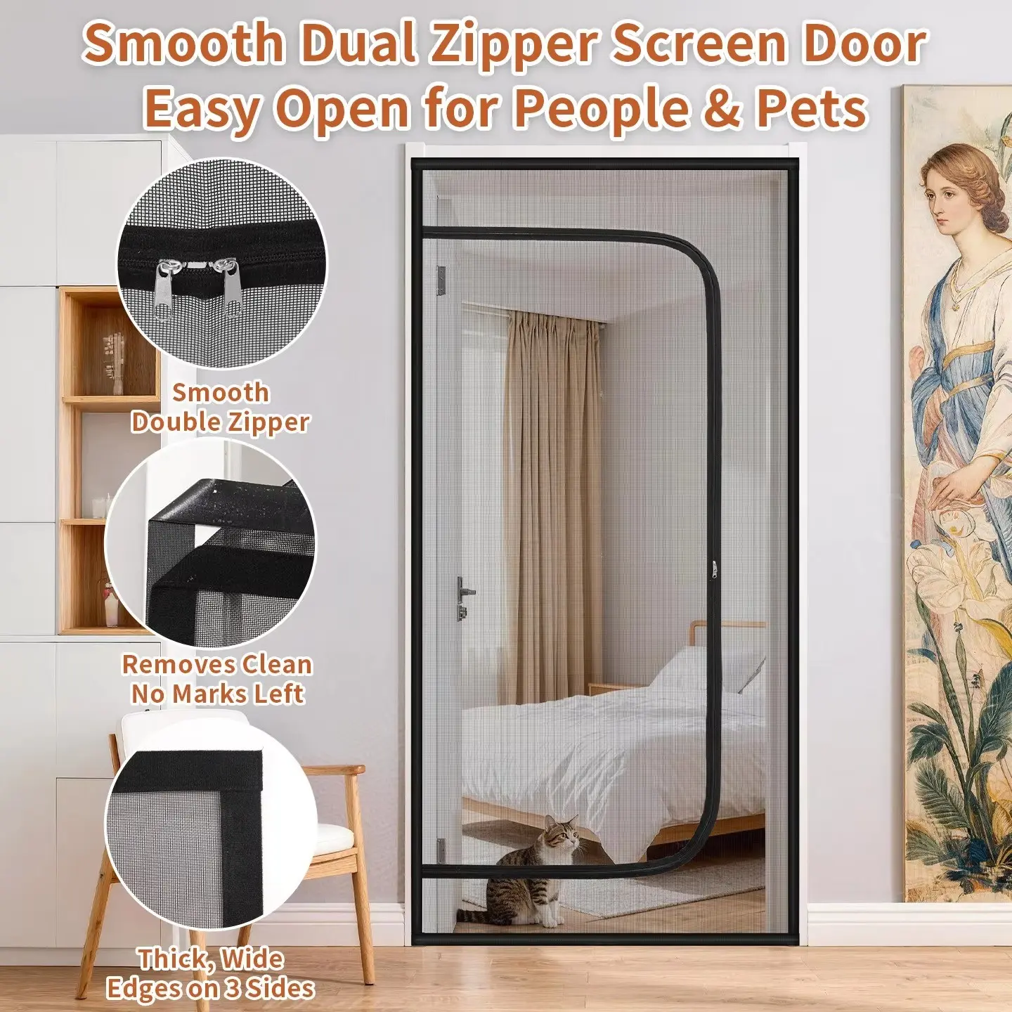 Zipper Cat Door Curtain, Pet Barrier Mesh Screen, Mosquito Net for Balcony, Mosquito Protection, Anti-Pet Escape, Nanometer Fabric, Reinforced Webbing