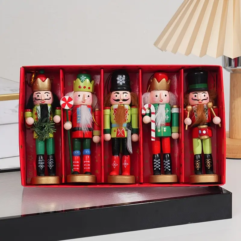 Christmas Nutcracker Decoration Set, 5pcs Wooden Hand-Painted Decorative Nutcracker Figures, Traditional Holiday Decor, Festive Tree Ornaments, Walnut Material, Suitable for Gifts And Collectibles, Halloween