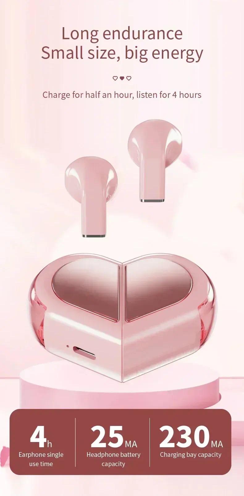 noisecancellingheadphone Wireless Earbuds Stereo Earphone Rotatable Love Heart Shaped Charging Case Low Latency Headphones For Phone Tablet