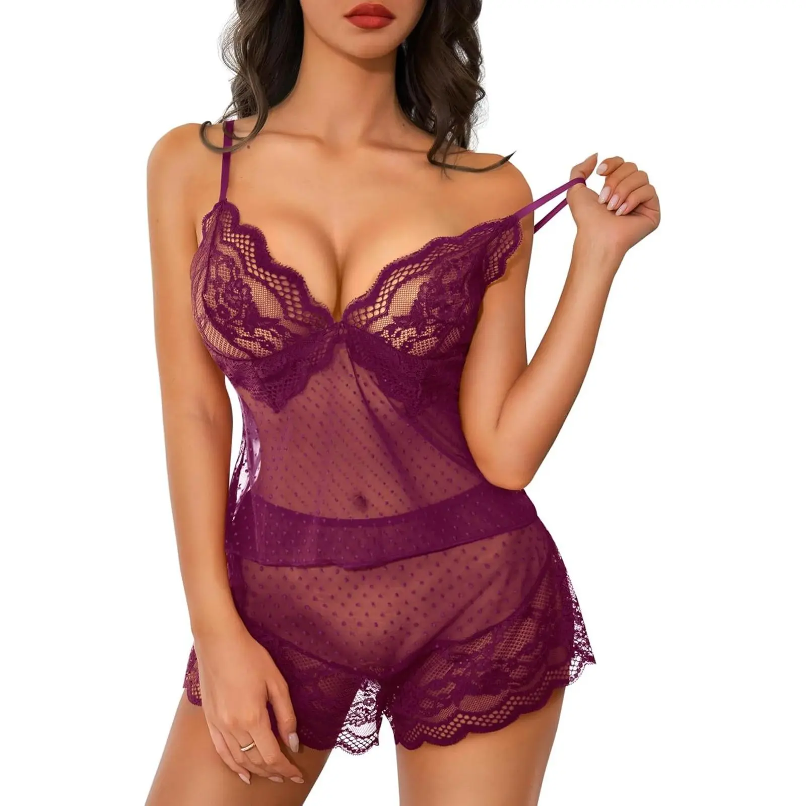 Womens Sexy Lingerie Pajama Sets Floral Lace Sheer See Through Cami Shorts Set Sleepwear, Stretchy Lingerie, Glamour Lingerie Set