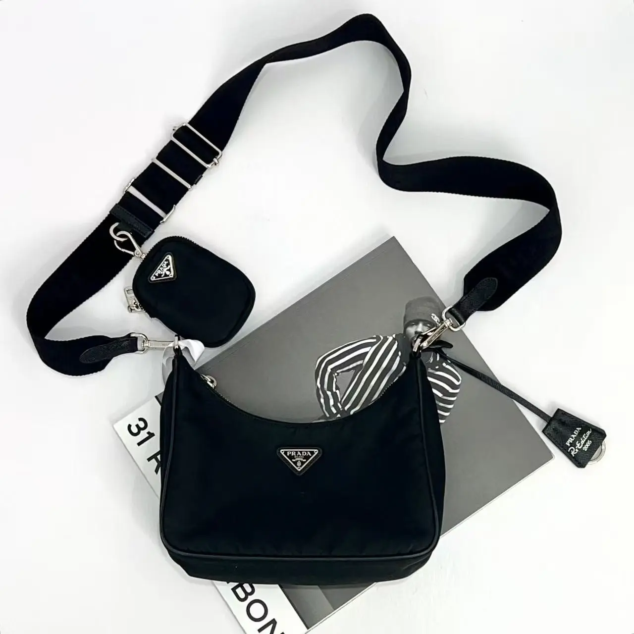 Pre-owned Prada Re Edition 2005 Hobo Luxury Crossbody Bag Black Nylon, Silvery Hardware, Zip Closure, Flap Design, Style X454 26.06.03 (Pre Loved Luggage & Bags Category), Luxury Crossbody Bags