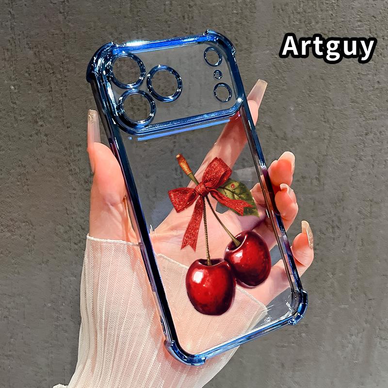 Compatible with iPhone 17 16 Pro Max 15 Plus 14 13 12 11 E Air Phone Case Cherry with Bow Pattern Transparent Full Coverage Four Corners Anti-drop Casing