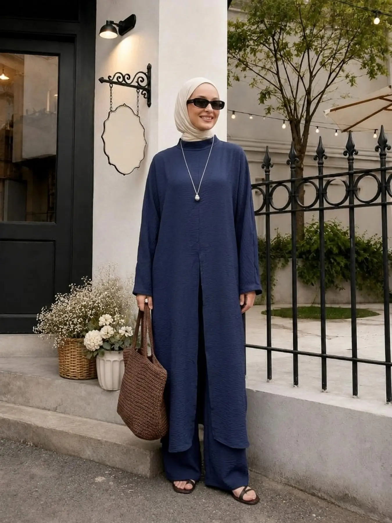 3 Piece Set Fashion Split Long Top Wide Leg Pants with Belt Pockets Zipper, Stylish and Unique Clothing Ensemble, Fashion Muslim Set, Islamic Clothing Set, Matching Outfit Set