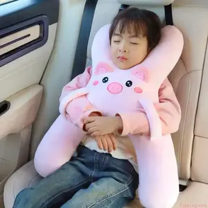 Plush Pig Neck Support Pillow for Kids, Cute Car Seatbelt Cushion & Sleep Aid for Travel, Prevents Head Slumping