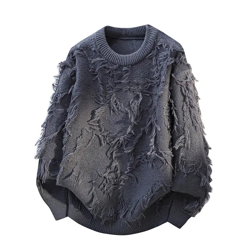 Men's 3D Fringe Raw Edge Textured Crew Neck Sweater, Distressed Ripped Fringe Knit Pullover, Long Sleeve Vintage Street Style Warm Knit Top for Autumn and Winter # sohochic