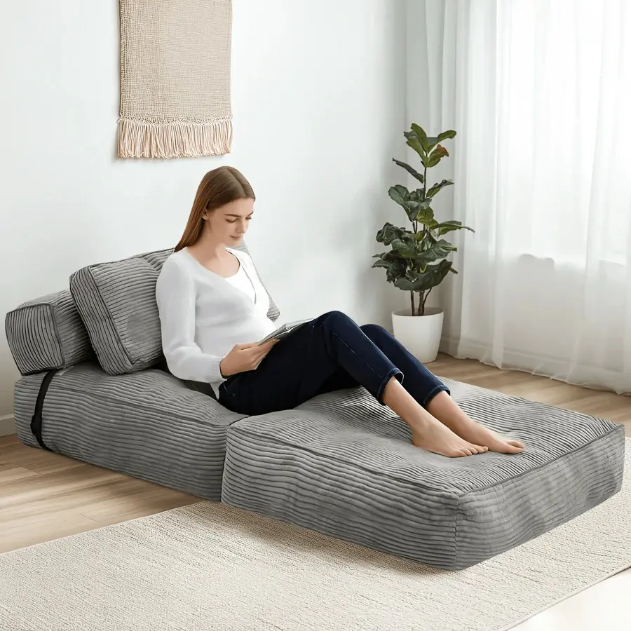 Single Contemporary Rectangular Corduroy Convertible Flip Chair - Adjustable Backrest Floor Couch Lazy Sofa Bed, Foldable Lounge Mattress with Pillow for Living Room Bedroom (Unboxing Ready)