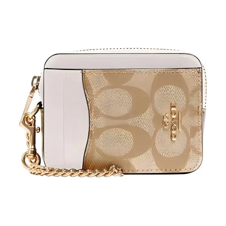Coach Card Case for Women: Color-Blocked Canvas and Leather with Zip Closure and Chain Wrist Strap Verifiable, with credentials and supporting global authentication