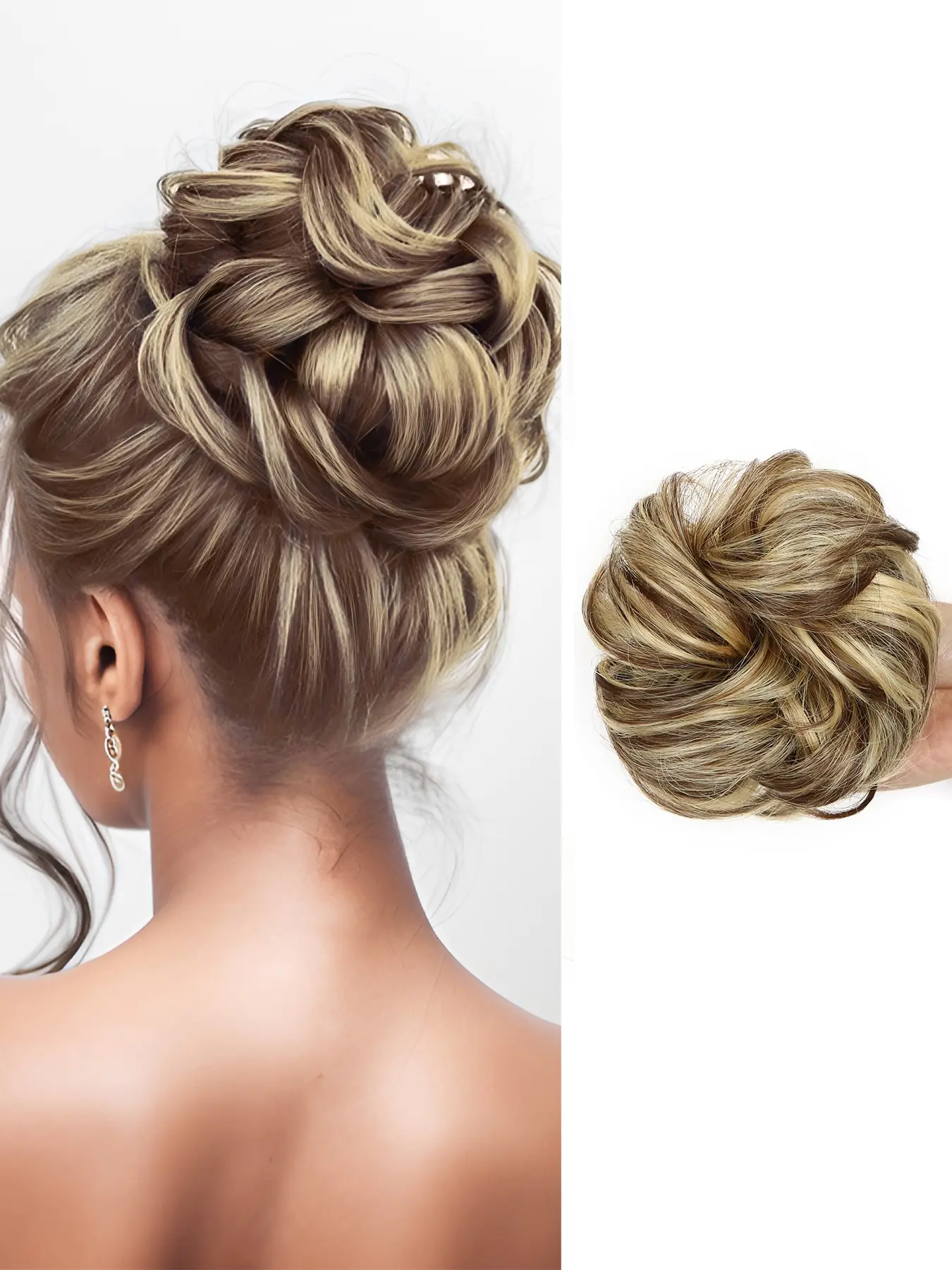 Messy Bun Hair Piece Wavy Curly Scrunchies Synthetic Chignon Ponytail Hair Extensions Thick Updo Hairpieces for Women Light Ash Platinum Blonde Perfect for Parties Holidays Soft Curly Ponytails