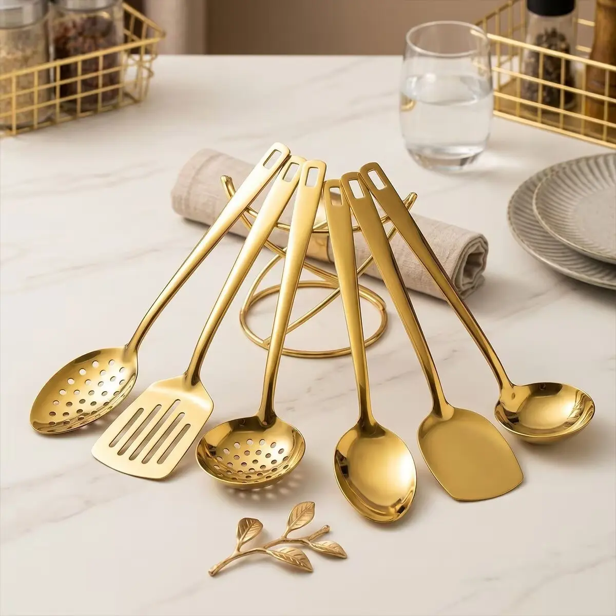 6 Piece Stainless Steel Kitchen Utensil Set, Square Handle Cooking Tools, Restaurant Serving Spoons, Essential Chef Gear