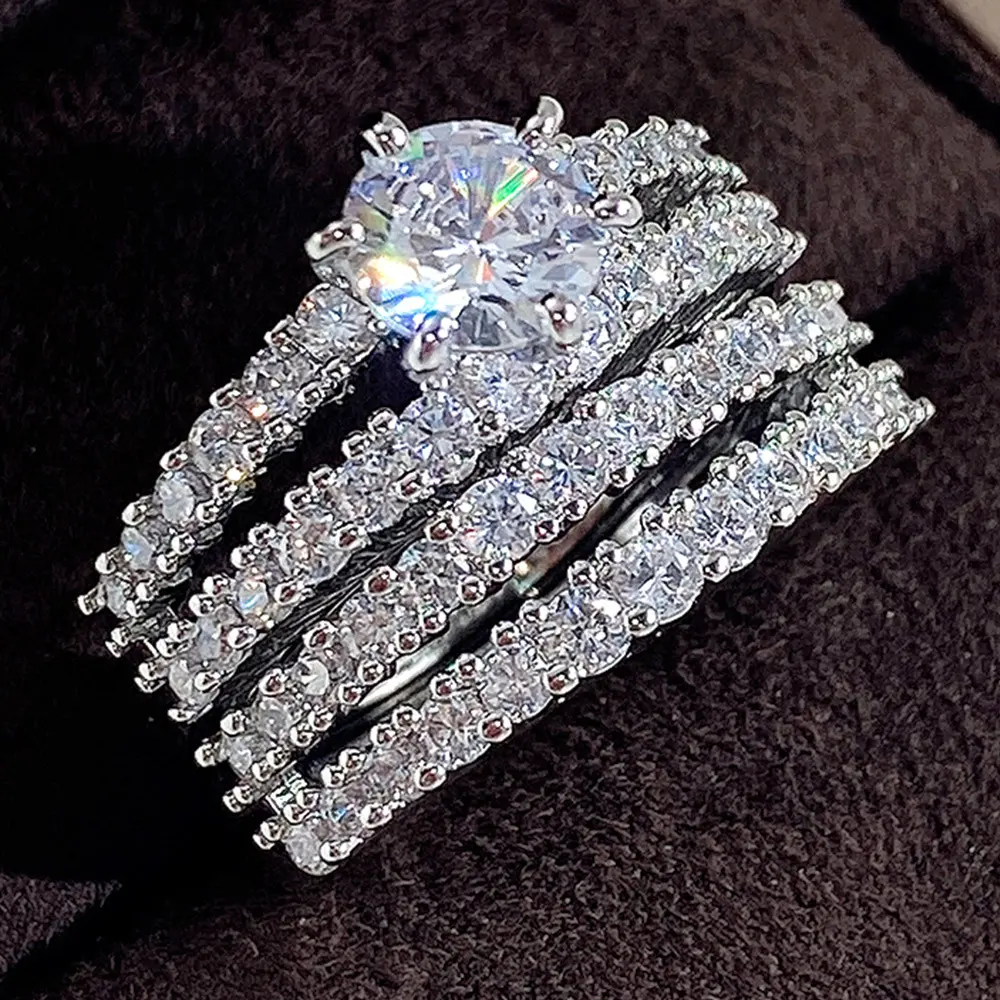 Women Hollow Double Band Wedding Ring Set Round Brilliant Cut Zircon Engagement Ring Stackable Bridal Finger Jewelry Sparkly Full Paved Simulated Diamond Rings For Dinner Party Banquet Ideal Wedding Anniversary Gift For Brides